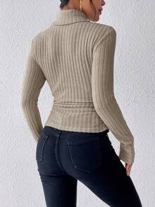 SHEIN Frenchy Turtleneck Ribbed Knit Textured Fabric Shirring Tee,Fall,Fall Clothes For Women Winter Casual Spring - Apricot - View 2