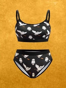 HARRY POTTER X SHEIN Plus Size Black & White Cartoon Hedwig Print Camisole Bra And Panty Set,Basic Comfortable Casual ,Soft,Cute,Kawaii,Sweet
