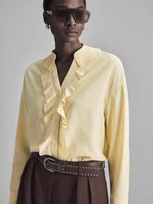 Ontre Women's Elegant Pale Yellow Blouse,Notched Collar Ruffle Hem Commuter Shirt For Autumn,Brunch,Bohemian Vacation Wear,High-Grade Breathable Fabric - Yellow - View 2