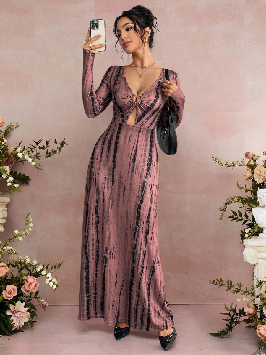 Rafferiza Women's Sexy Deep V-Neck Waist Cinching Long Sleeve Vintage Tie Dye Print Slimming A-Line Dress