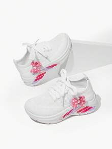 JNSQ A Pair Of Girls' White Bow Flat Breathable, Soft Lace-Up Running And Student Shoes Kids Sneakers - White - View 2