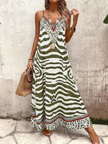 EMERY ROSE Women's Leopard Print Loose Maxi Slip Dress, Elegant For Daily Wear And Vacation, Summer - Army Green - View 3