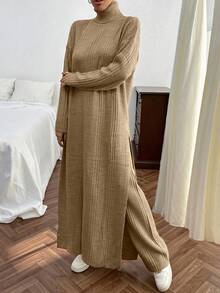 EURMUSE Women Solid Color Rib Knit Turtleneck Slit Detailed Long Sweater Dress & Sweater Pants Set - Camel - View 4
