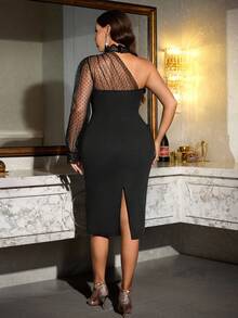 Ellevyn 大码网眼不对称肩部浪漫优雅连衣裙 - 黑色 - 查看 3