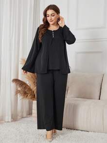 Lacomfia 2pcs/Set Plus Size Solid Color Round Neck Long Sleeve Top And Elastic Waist Wide Leg Pants, Casual Outfit For Spring/Autumn - Black - View 5