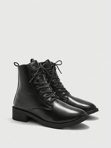 CUCCOO BIZCHIC 女士圆头厚底系带经典黑色踝靴和短靴，舒适日常通勤百搭秋冬系带靴 - 黑色 - 查看 6