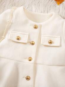 SHEIN 女婴优雅粗花呢荷叶边下摆单排扣夹克和短裤套装 - 白色 - 查看 5
