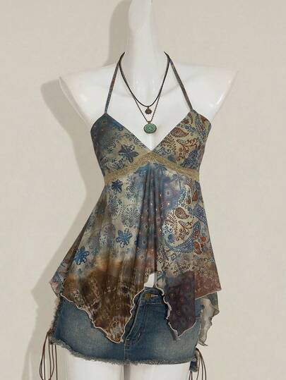 SHEIN ICON Top court fluide imprimé patchwork cachemire vintage pour femmes, hauts bohèmes mignons et sexy, vêtements bohèmes hippies, Top foulard