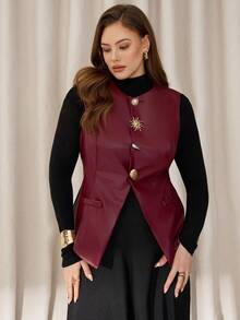 Auralis Christmas Plus-Size Women's Burgundy PU Red Top,Autumn Elegant Formal Metal Buckle Waistcoat,Office Commuting Suit Top,Cute PU Clothing Winter - Burgundy - View 6