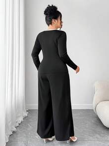 Elenzga Bộ đồ thanh lịch áo dài tay màu tương phản và quần ống rộng xếp ly cho nữ cỡ lớn - Đen và trắng - Xem 2