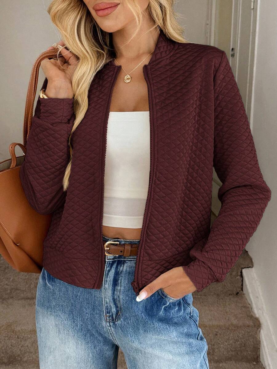 Easowa Quilted Textured Fabric Baseball Jacket, Casual Commute Elegant Outdoor Sports Comfortable Autumn/Winter Women Coat Women Bomber Jacket Quilted Jacket Women Fall Clothes For Women Jackets For Women Casual Summer Jacket For Women - Red - View 1