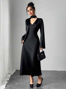 Modelyn Women's Casual Elegant Chic Commute Minimalist High-End Satin Twill Glossy Scarf Tie Waist Fitted Long Dress, Black, Autumn/Winter