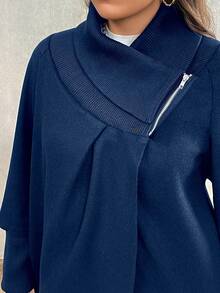 秋冬大码休闲纯色不对称下摆羊毛大衣 - 藏蓝色 - 查看 6