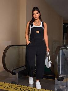 SHEIN CURVE+ 大码女式破洞牛仔背带裤、破洞连体裤 - 黑色 - 查看 1