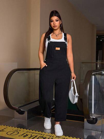 SHEIN CURVE+ Pantalones de mezclilla con tirantes y rotos para mujer de talla grande, mono rasgado