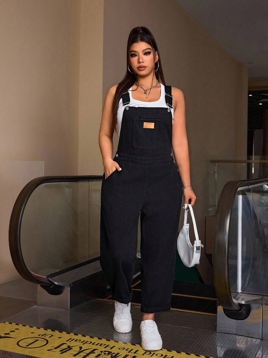 SHEIN CURVE+ 大码女式破洞牛仔背带裤、破洞连体裤 - 黑色 - 查看 1