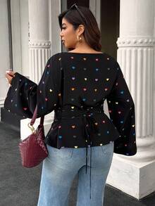 Easura Women's Autumn/Winter Ruffle Collar Flare Sleeve Heart Print Blouse - Multicolor - View 2