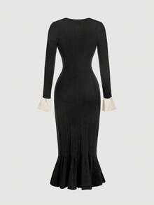 SHEIN MOD Women's Black & White Contrast Color Ruffle Sleeve Knit Dress In Fall/Winter - Black - View 3