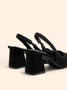 CUCCOO BASICS 女士时尚面料后带粗跟尖头 PU 皮革通勤露跟鞋，适合约会、聚会和度假 - 黑色 - 查看 4