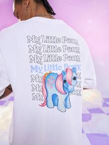 My Little Pony X SHEIN Men's Casual Cute Cartoon & Letter Graphic Dropped Shoulder Loose Short Sleeve White T-Shirt, Summer - White - View 1