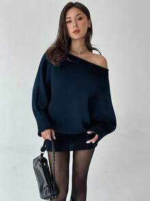 Aloruh Y2K Style Versatile Asymmetric Shoulder Long Sleeve Fitted Waist Bodycon Sweater Dress, Casual/Commute, Vintage American Aesthetic In Fall/Winter,Cozy Fall And Winter Clothes For Women