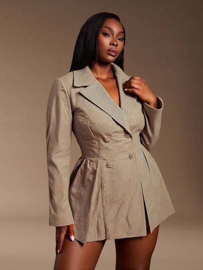 SHEIN SXY Plus Size Women's Autumn/Winter Sexy Pleated Blazer Dress, Suitable For Sexy Office Siren Coquettish, Prom, Ball, Valentine's Day, Cruise Attire, Commuting, Business, Retro, Party, Resort, Outing, Old Money, Richly Layered, Date Night, Gathering, Minimalism, Birthday, Formal Event, Gyaru, Ibiza, Nashville, Break, Modest, Chic, Casual, Shopping, Streetwear, Going Out, Coquette, Accent Your Body, Flatter The Figure