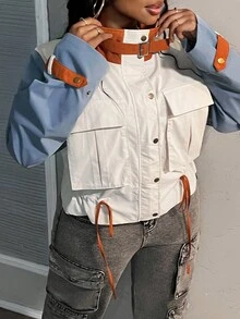 Slaydiva Women's Plus Size Contrast Color Block Drawstring Hem Jacket For Everyday Wear, Autumn/Winter - Multicolor - View 4