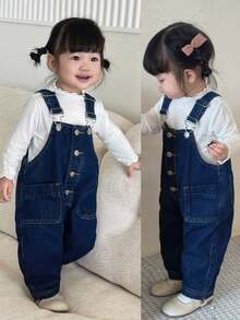 SHEIN 女婴海军蓝色牛仔背带锥形裤 - 深色水洗藍 - 查看 1