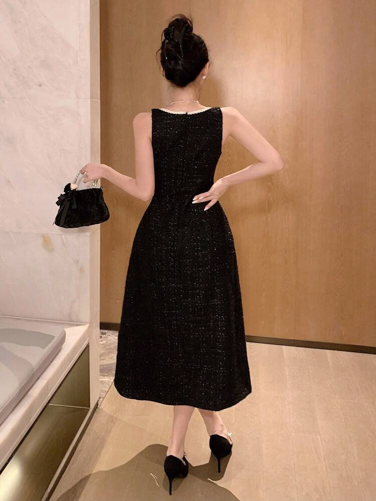 Women's Elegant Solid Color Square Neck Sleeveless Mid-Length Dress, Suitable For Party, Autumn Prom Dress