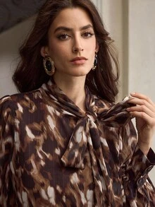 ZEYLAH Women's Elegant Leopard Print Knot Collar Lantern Sleeve Blouse, Suitable For Spring & Autumn Fall - Multicolor - View 2