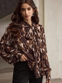 ZEYLAH Women's Elegant Leopard Print Knot Collar Lantern Sleeve Blouse, Suitable For Spring & Autumn Fall - Multicolor - View 4