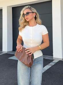 Jeta Ari Ribbed Crew Neck Button Through Short Sleeve T-Shirt Spring Summer Cute Everyday Airport Holiday Fall Back To School Autumn Winter - Beige - View 1