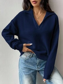 Flirla 女式纯色翻领落肩长袖休闲毛衣，秋冬 - 藏蓝色 - 查看 3