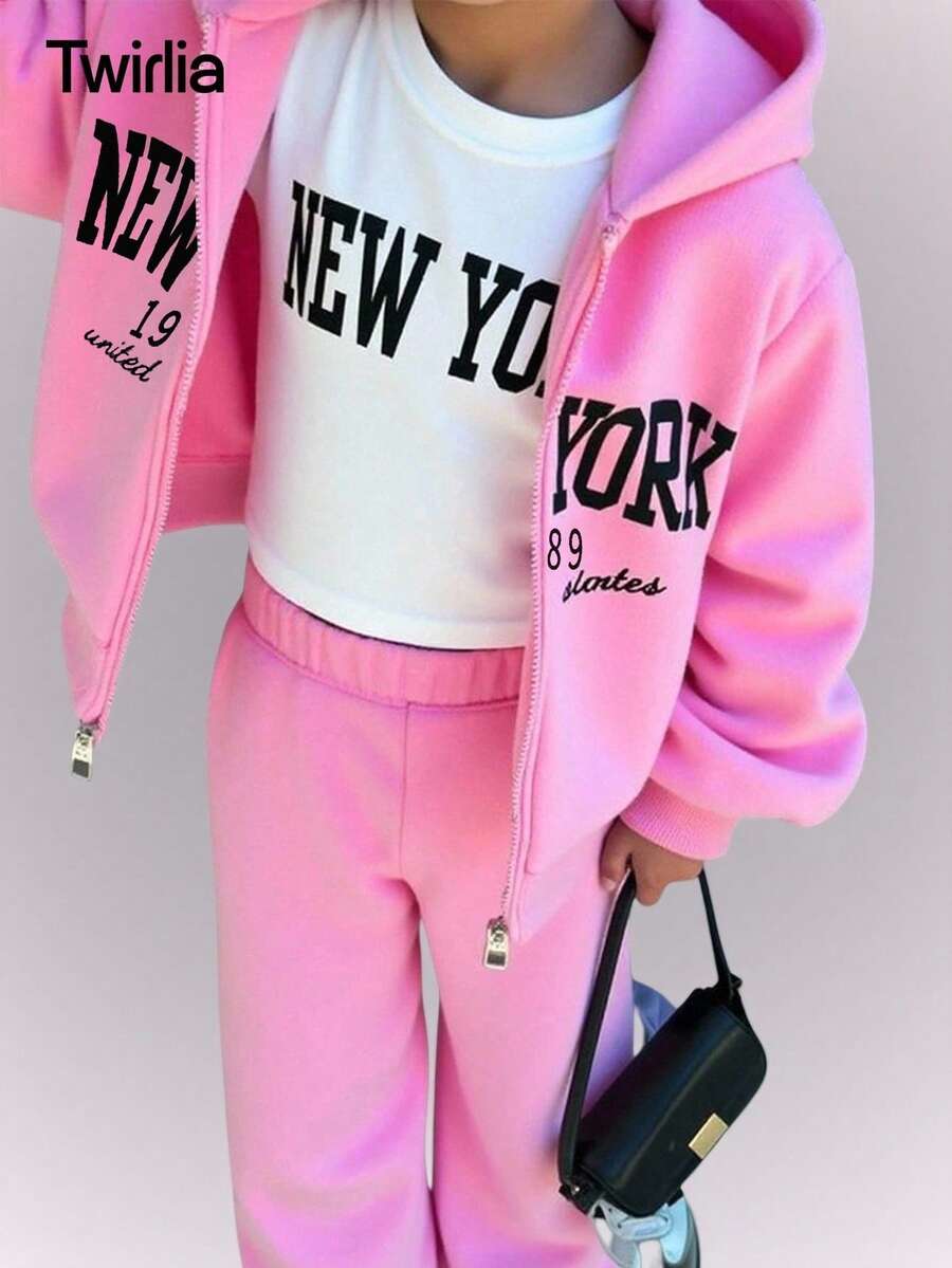 Sparklyn Áo khoác nỉ in hình địa điểm tuổi teen, áo tay ngắn in hình địa điểm phù hợp và quần ống loe bằng vải nỉ, bộ trang phục 3 món - Hồng - Xem 1