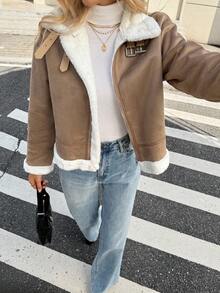 Serisse 女士时尚棕色短款保暖休闲冬季外套，百搭款式，女士冬季咖啡棕色绒面双面短款外套，棕色女式外套，女士拉链外套，棕色外套，女士外套 - 駝色 - 查看 3