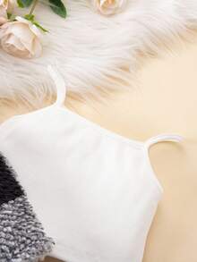 SHEIN Babygirl 毛绒格子夹克、针织上衣和裤子三件套，秋冬 - 黑與白 - 查看 7