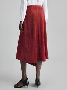 Ontre 2025 新款秋冬女式纯色红色裙子，实用百搭日常设计师风格，柔软的绒面革面料，宽松版型，商务休闲，办公室通勤，日常穿着，韩版时尚，拉链设计，适合 5-15°C，适合万圣节、圣诞节、节假日、度假派对、婚礼宾客装束、茶会、女士办公室装束、职业装束、优雅简约、都市时尚、时尚短裙女式中长裙 - 鏽棕色 - 查看 4