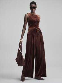 Ontre Women's Espresso Brown Winter Velvet Pants,Elegant Party Shiny Pocket Elastic Waist Wide Leg Trousers,Business Commute Old Money Style Office Wear - Rust Brown - View 4