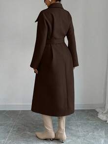 Elenzga 女士纯色双排扣羊毛大衣，时尚通勤，秋冬 - 咖啡棕 - 查看 2