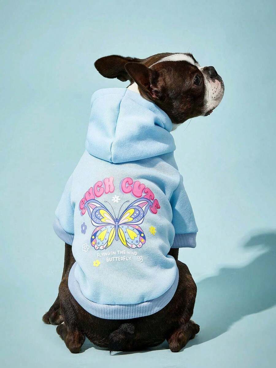 PETSIN 1pc Butterfly Print Hooded Cute Pet Sweatshirt - Blue - View 1