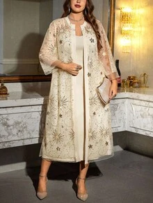 SHEIN Clasi 1 Set: Schwarzer Grund mit goldenem Pailletten transparenter Lange Strickjacke + körperbetontes Unterkleid, elegantes Modisches Outfit für Party & Zusammenkünfte, Große Größen - Verschiedenfarbig - Übersicht 3