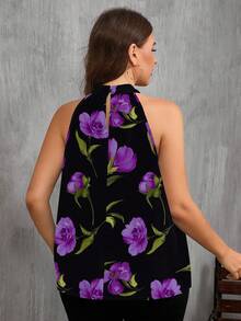 SHEIN Clasi Purple Floral Print Casual Minimalist Plus Size Shirt, Suitable For Summer Suitable For Going Out Chic Blouses For Women - Black - View 3