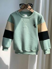 Kids Young Boys Thermal Lined Thick Color Block Patchwork Contrast Color Loose Fit Drop Shoulder Pullover Autumn Sweatshirt, Suitable For Winter - Mint Green - View 4