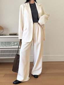 DAZY Women's Lapel Long Sleeve Blazer And Loose Straight Leg Pants Casual Suit Set Business Attire