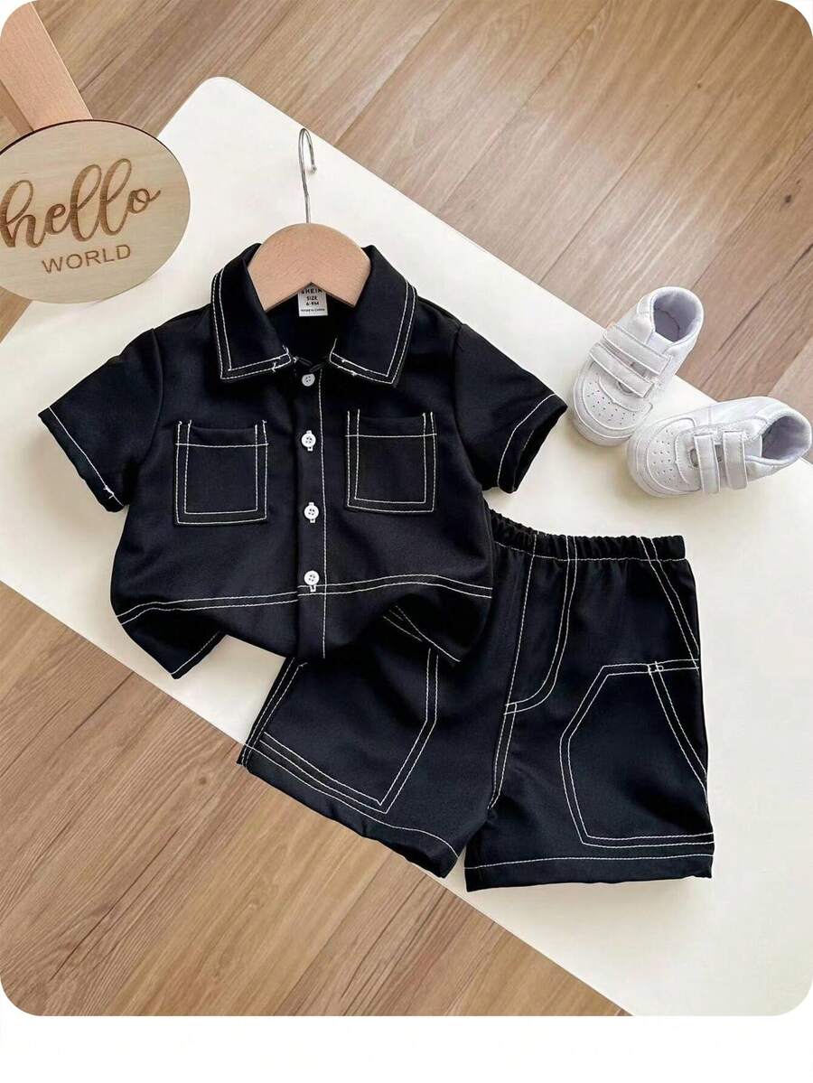 2 件套男婴/女婴休闲校园时尚超大上衣/衬衫搭配松紧腰短裤套装，适合春夏季室内外穿着 - 黑色 - 查看 1