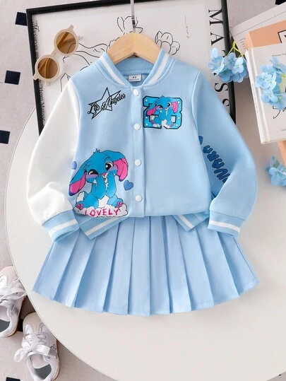 Genkimix Kids Conjunto de chaqueta de béisbol de manga larga con cuello y estampado de letras y dibujos animados, y falda mini plisada, estilo universitario, para otoño