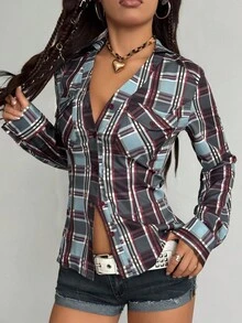 Jeanoix 女式简约长袖前开襟翻领蓝色格子印花衬衫，适合日常穿着 - 藍色 - 查看 6