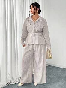 Firerie 2 件套女士亚麻质感条纹商务休闲西装套装，返校装，长袖上衣和裤子条纹套装，休闲通勤西装，度假装，春秋冬，优雅，通勤，休闲，日常，简约，工作装 - 杏色 - 查看 5