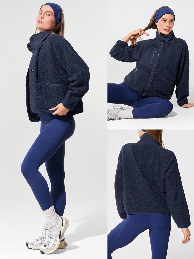 Cozy Thick Polar Fleece Soft Warm Relaxed Fit Elastic Hem Long Sleeve Jacket With Multi Pockets Daily Casual Winter