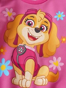 SHEIN | PAW Patrol 2pcs/Set Young Girl Cartoon Cute Puppy Print Pink Knit Loose Fit Crew Neck Cap Sleeve Sweatshirt And Floral All-Over Print Flared Pants, Autumn/Winter Fall - Pink - View 4